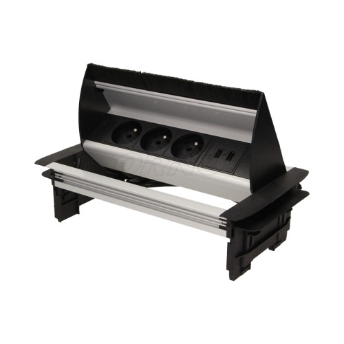Gniazda ze szczotką przeciwkurzową 3x2P+Z 2xUSB chowane w blat