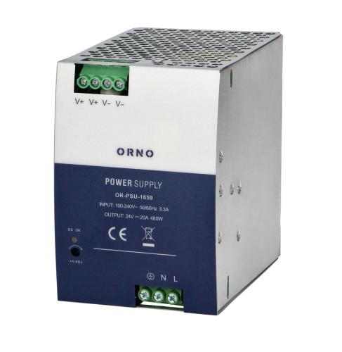 Zasilacz  przemysłowy na szynę DIN 24V DC 20A 480W ORNO OR-PSU-1659 obudowa z metalu PROSPERSKLEP