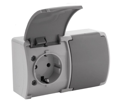 Gniazdo podwójne z uziemieniem typu F 2x2P+Z szaro-grafitowe ORNO AQUATIC Schuko OR-OE-7106(GS)/GR/10 zestaw 10 sztuk PROSPERSKLEP