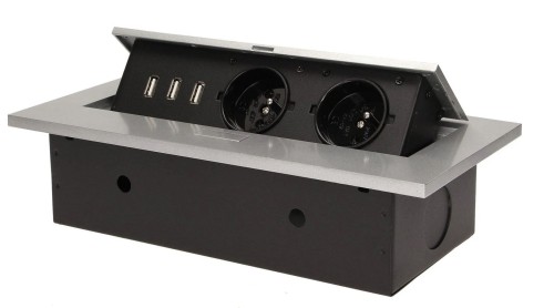 Gniazdo 2x2P+Z 3xUSB wpuszczane w blat srebrne