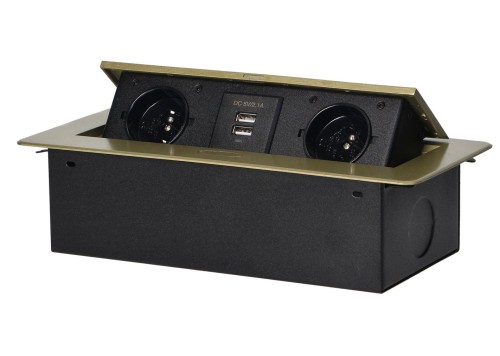 Gniazda 2x230V AC, 2xUSB wpuszczane w blat mosiądz