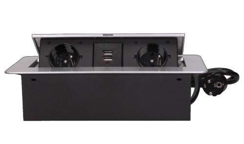 Gniazda meblowe 2x230V AC, 2xUSB z przewodem 3,0m chowane w blat srebrne