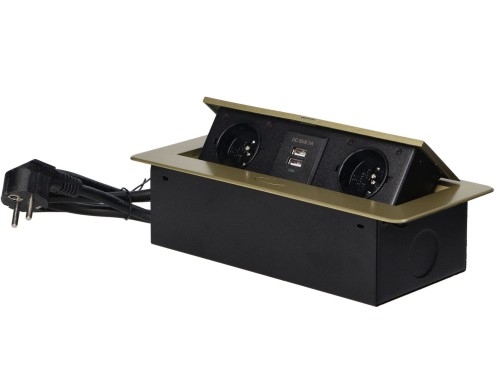 Gniazda meblowe 2x230V AC, 2xUSB z przewodem 1,5m chowane w blat mosiądz