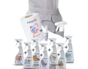 Zestaw startowy z fartuszkiem ekipy czystusia płyny, środki i ręczniki - Czystuś