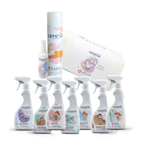 Zestaw startowy ekipy czystusia płyny, środki i ręczniki - Czystuś