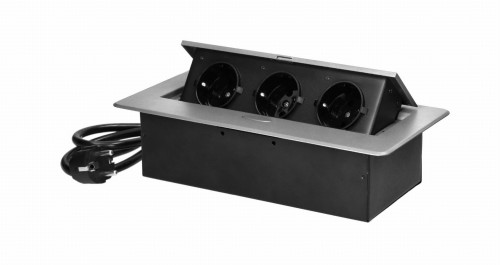 Gniazdo meblowe schuko 3x2P+Z wpuszczane w blat z przewodem 1,5m srebrne