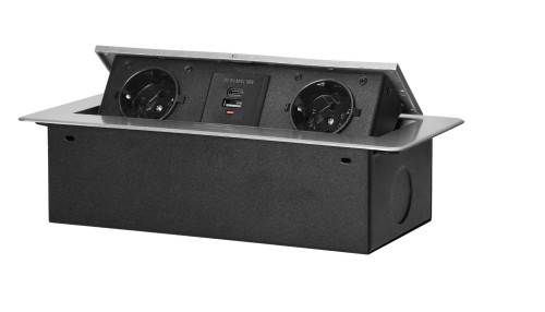 Gniazda meblowe schuko 2x2P+Z, 2xUSB wpuszczane w blat srebrne