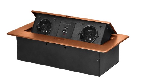 Gniazda meblowe schuko 2x2P+Z, 2xUSB wpuszczane w blat złote