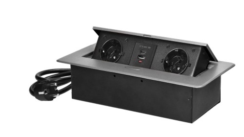 Gniazda meblowe schuko 2x2P+Z, 2xUSB, przewód 1,5m wpuszczane w blat srebrne