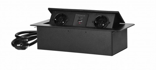 Gniazda meblowe schuko 2x2P+Z, 2xUSB, przewód 1,5m wpuszczane w blat czarne