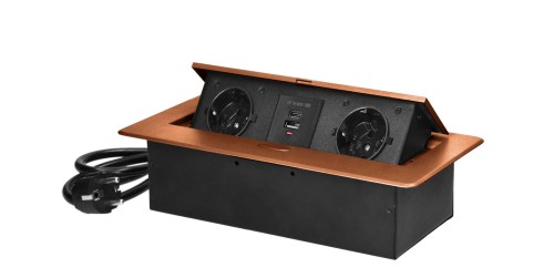 Gniazda meblowe schuko 2x2P+Z, 2xUSB, przewód 1,5m wpuszczane w blat złote