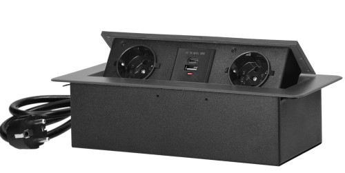 Gniazda meblowe schuko 2x2P+Z, 2xUSB, przewód 1,5m wpuszczane w blat grafitowe
