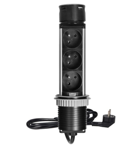 Gniazdo meblowe ⌀6cm 3x250V AC wysuwane z blatu z ładowarką USB przewodem 1,5m