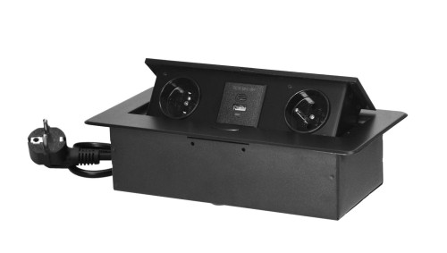 Gniazda meblowe 2x230V AC, 2xUSB z przewodem 1,5m chowane w blat czarne