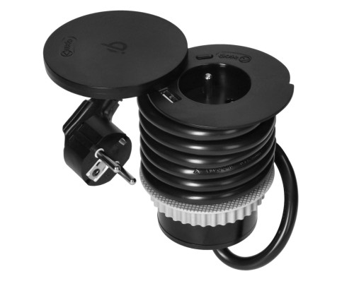 Gniazdo meblowe 1P+Z 2xUSB Qi z ładowarką indukcyjną wpuszczane w blat