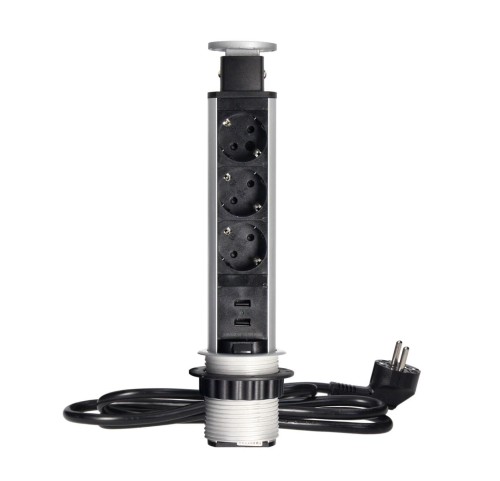 Gniazdo meblowe 3x2P+Z schuko z ładowarka USB i blokadą wysuwane z blatu
