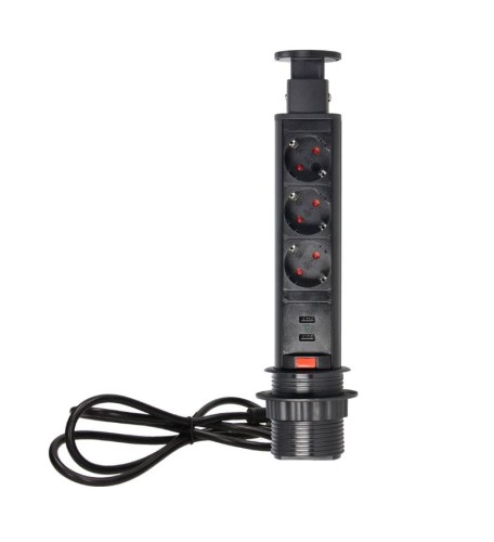 Gniazdo meblowe 3x2P+Z schuko z ładowarka USB i blokadą wysuwane z blatu