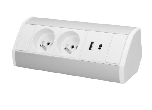 Gniazdo meblowe 2x230V P+Z 2xUSB biało srebrne