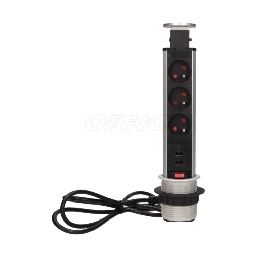 Gniazdo meblowe ⌀6cm 3x250V AC wysuwane z blatu z ładowarką USB przewodem 1,8m